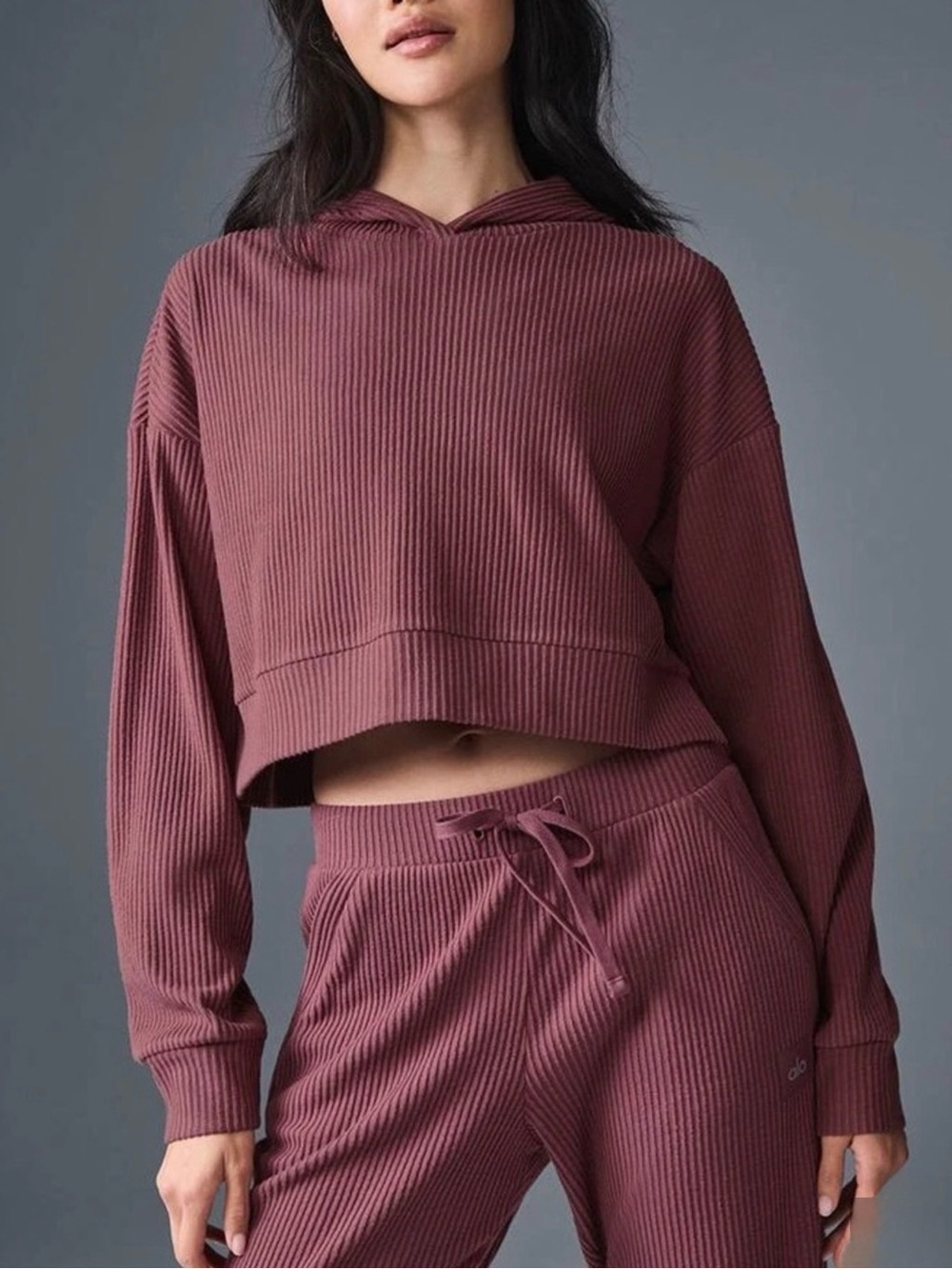 ALO Yoga Ribbed Cropped Hoodie in Mauve